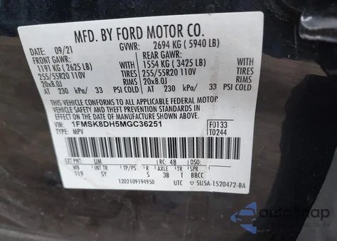 2021 Ford Explorer Xlt из США, поврежденный, VIN 1FMSK8DH5MGC36251